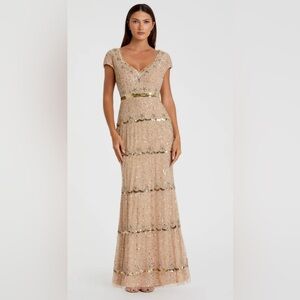 Mac Duggal Beige Cap Sleeve Sweetheart Neckline Beaded Sequin Column Gown